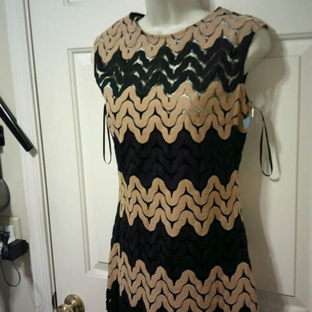 MYSTIC LOS ANGELES BLK & TAN SUMMER DRESS COCKTAIL BUSINESS LACE OVERLAY SZ M 👩